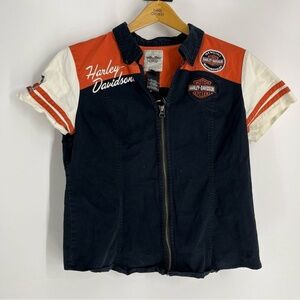 Harley-Davidson Coat Women XL Black Orange Classic Zipper Front Patchwork Jacket